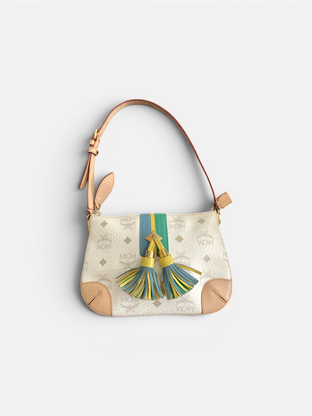 MCM Cream Canvas Shoulder Bag with Green and Blue Stripe & Tassels